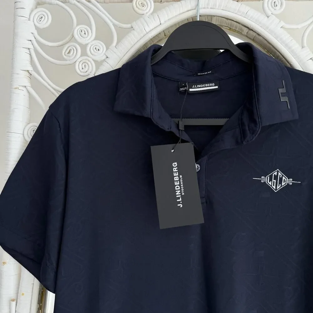 J.Lindeberg Polo Shirt Men Small JL Navy Jacquard Golf Performance La Gorce Club